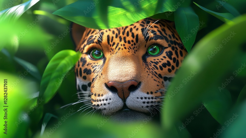 Naklejka premium Jaguar Hiding Among Leaves in Lush Tropical Jungle Environment