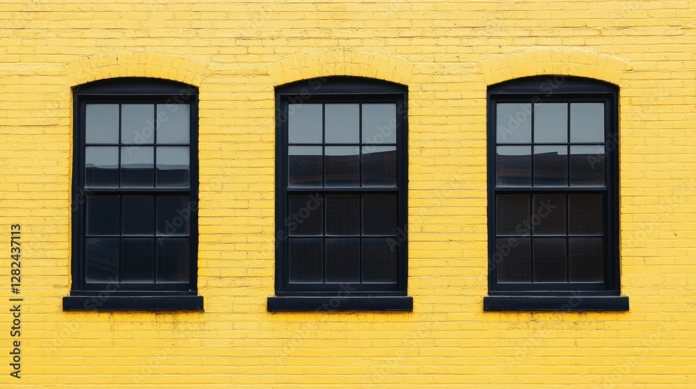 Fototapeta premium A stylish urban design featuring three large black windows against a bright yellow brick wall in perfect symmetry.