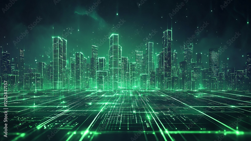 A futuristic cityscape illuminated with glowing green data lines A futuristic cityscape illuminated with glowing green data lines