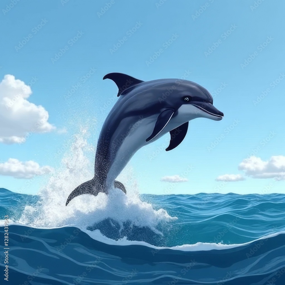 Obraz premium Dolphin Breaching Over Ocean Waves Against Bright Blue Sky in Tropical Environment
