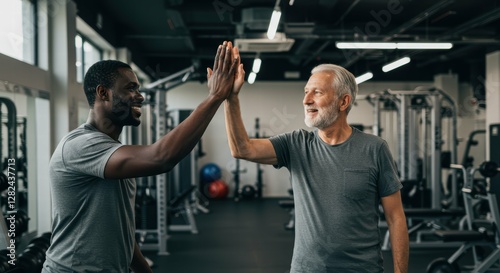 Two men sharing a high five in a gym environment.
