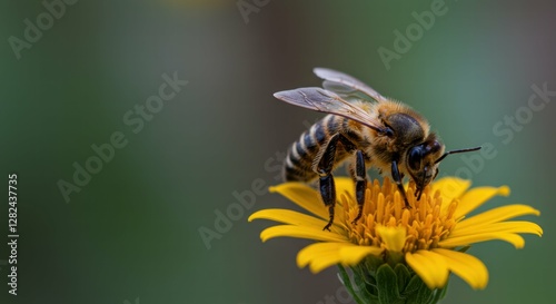 Bee collects nectar from vibrant yellow flower petals. photo