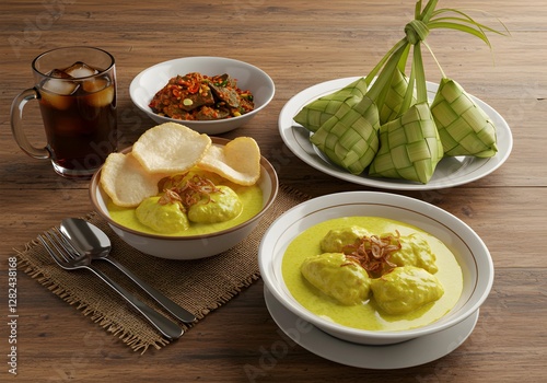 Typical food of Indonesia for Eid Mubarak. Opor ayam with ketupat. photo