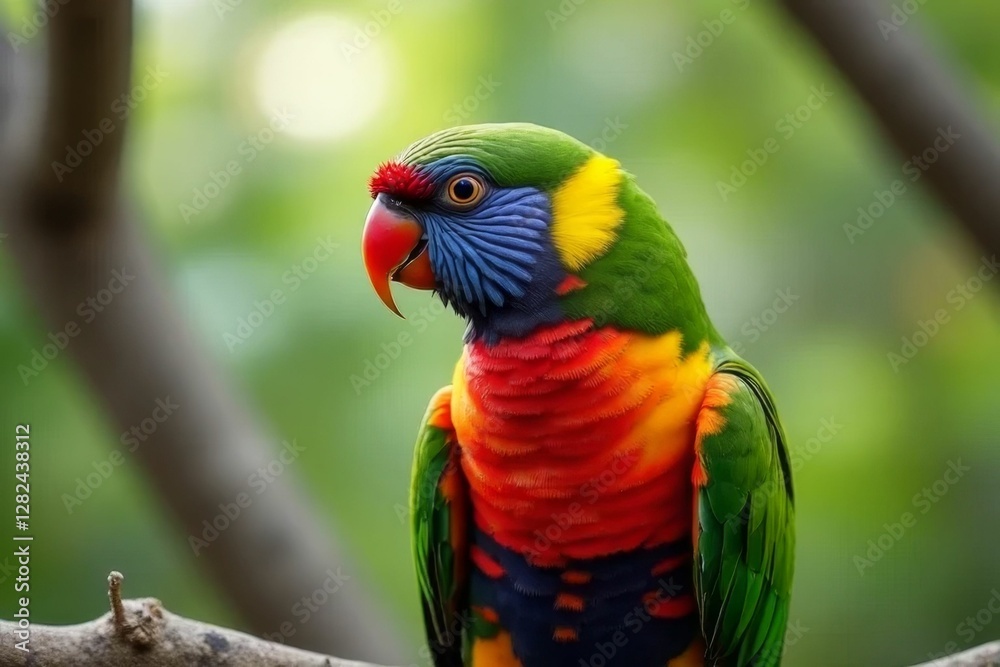 Vibrant and Colorful Bird Perched on Branch with Out of Focus Green Background in Nature Setting Vibrant and Colorful Bird Perched on Branch with Out of Focus Green Background in Nature Setting