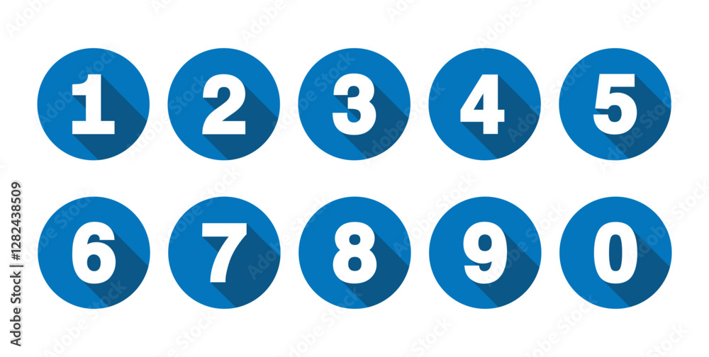 Numbers 1 to 0 in blue circles. Numerical symbols 1, 2, 3, 4, 5, 6, 7, 8, 9, 0. Set of digits. Flat style vector illustration Numbers 1 to 0 in blue circles. Numerical symbols 1, 2, 3, 4, 5, 6, 7, 8, 9, 0. Set of digits. Flat style vector illustration