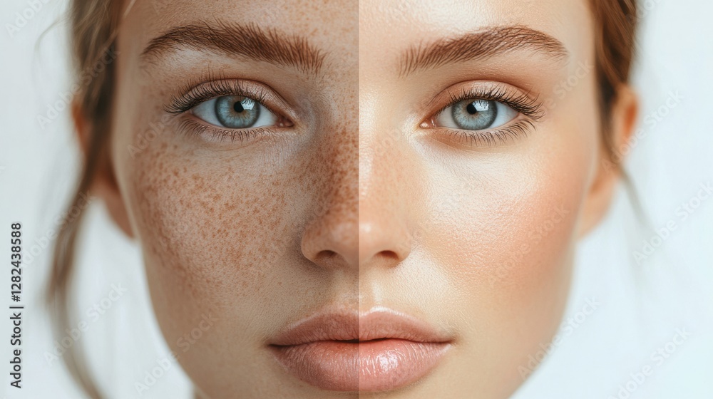 Contrast of aging and youth on a womans face with visible wrinkles and smooth skin separated in a split screen design. Generative AI Contrast of aging and youth on a womans face with visible wrinkles and smooth skin separated in a split screen design. Generative AI