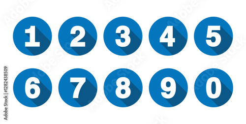 Numbers 1 to 0 in blue circles. Numerical symbols 1, 2, 3, 4, 5, 6, 7, 8, 9, 0. Set of digits. Flat style vector illustration