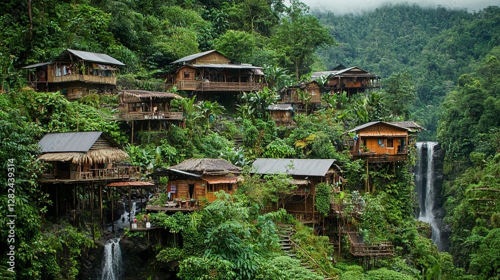 Obraz premium Jungle Village Waterfall Homes