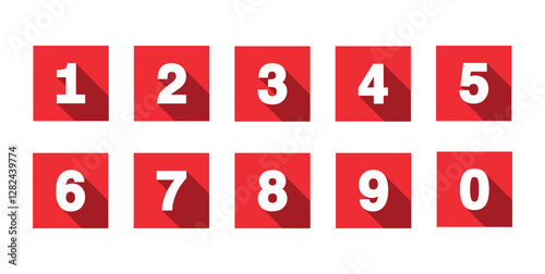 Numbers 1 to 0 in red squares. Numerical symbols 1, 2, 3, 4, 5, 6, 7, 8, 9, 0. Set of digits. Flat style vector illustration