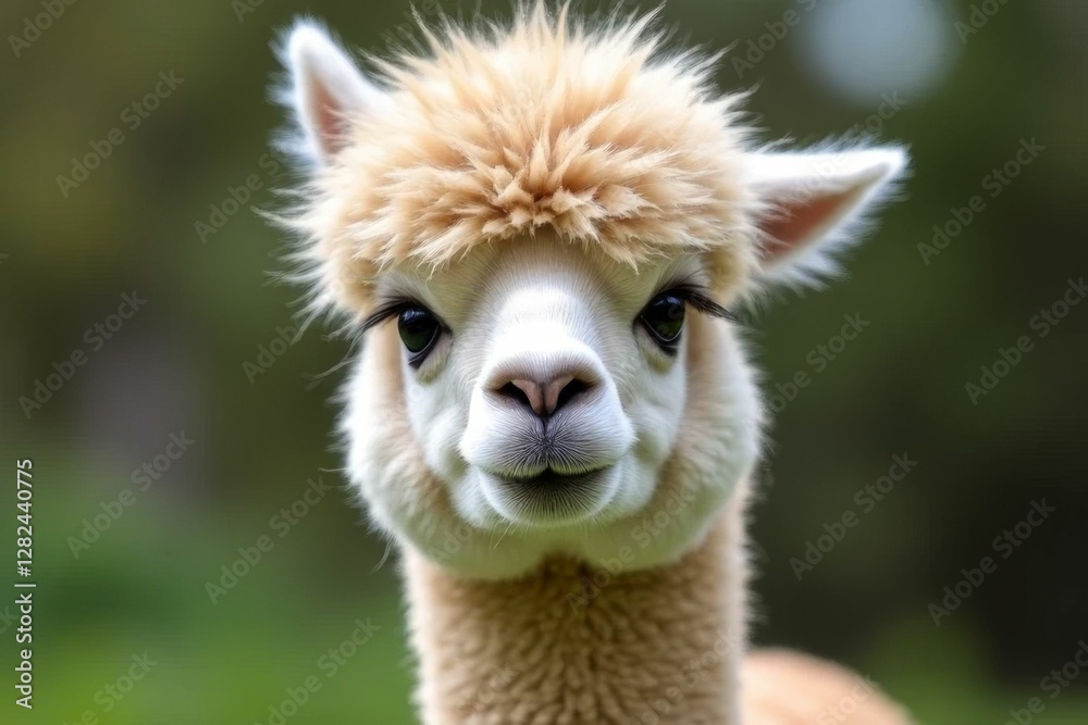 Charming Close-up of a Fluffy Alpaca with Cute Expression and Soft Fur in a Natural Green Setting Charming Close-up of a Fluffy Alpaca with Cute Expression and Soft Fur in a Natural Green Setting