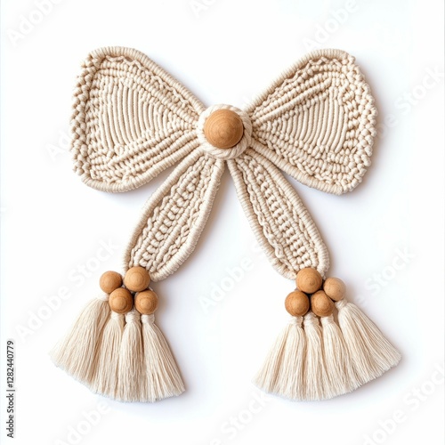Macrame Bow Wall Hanging with Wooden Beads and Tassels Home Decor Bohemian Style Craft Handmade Art photo