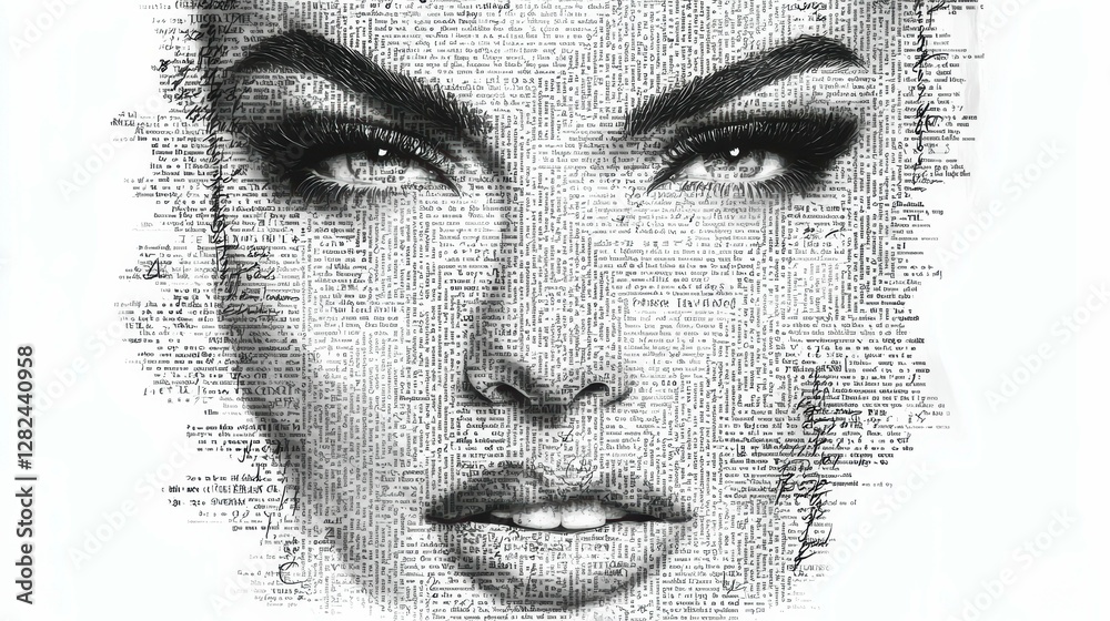 Obraz premium Intricate Newspaper Portrait of a Woman with Intense Gaze Artistic Collage Face Study