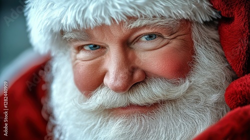 Jolly Saint Nicholas Close Up Portrait with a Snowy White Beard and a Hearty Laugh for Christmas Cheer