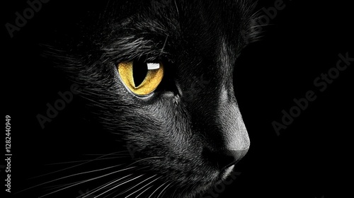 Intimate Portrait of a Black Cat with Piercing Yellow Eyes Shining in the Darkness of Night photo