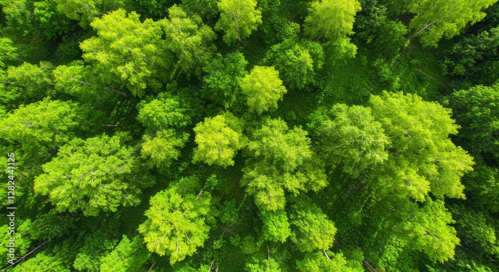 Lush forest canopy viewed from above, vibrant greenery spreads out. Lush forest canopy viewed from above, vibrant greenery spreads out.