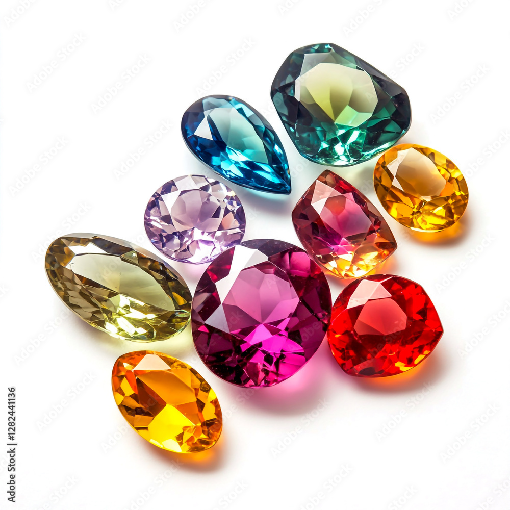 The vibrant gemstones were meticulously arranged, each one cut to perfection to showcase its sparkling brilliance isolated on a bright white background The vibrant gemstones were meticulously arranged, each one cut to perfection to showcase its sparkling brilliance isolated on a bright white background