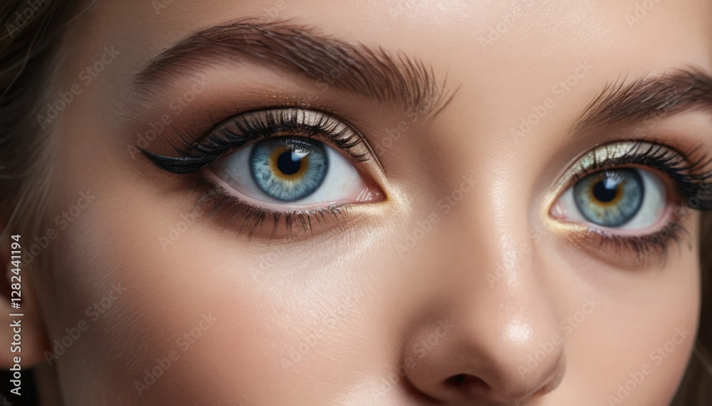 Naklejka premium Close-up of Beautiful Woman's Eyes with Detailed Makeup and Eyeliner