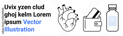 Cartoon heart, wallet with credit card, and medicine bottle beside text. Ideal for health, finance, pharmaceuticals, medicine, banking healthcare wellness e-commerce. Landing page