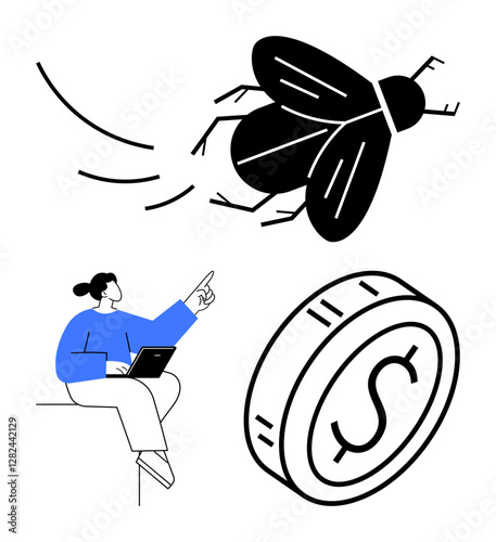 Person gestures toward buzzing insect with coin nearby, combining money themes, curiosity, decision-making, entrepreneurship. Ideal for finance ideas, opportunities, growth, risks investments