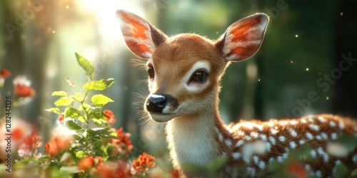 A young fawn stands gracefully among lush greenery and bright flowers, basking in the warm glow of the sun filtering through the trees. The tranquil forest setting creates a serene atmosphere