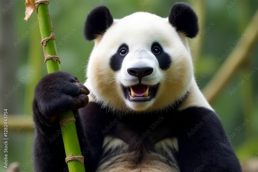 Obraz premium Playful panda bear holding bamboo stalk in a lush green environment with bright eyes and an inviting smile