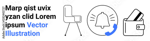 Office chair, alert bell, and wallet with cards represent various business, e-commerce, and office themes. Ideal for online shopping, workplace organization, notifications, payment methods financial