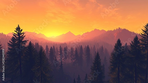 A breathtaking sunset illuminating the treetops, with layers of mountain peaks stretching into the horizon.