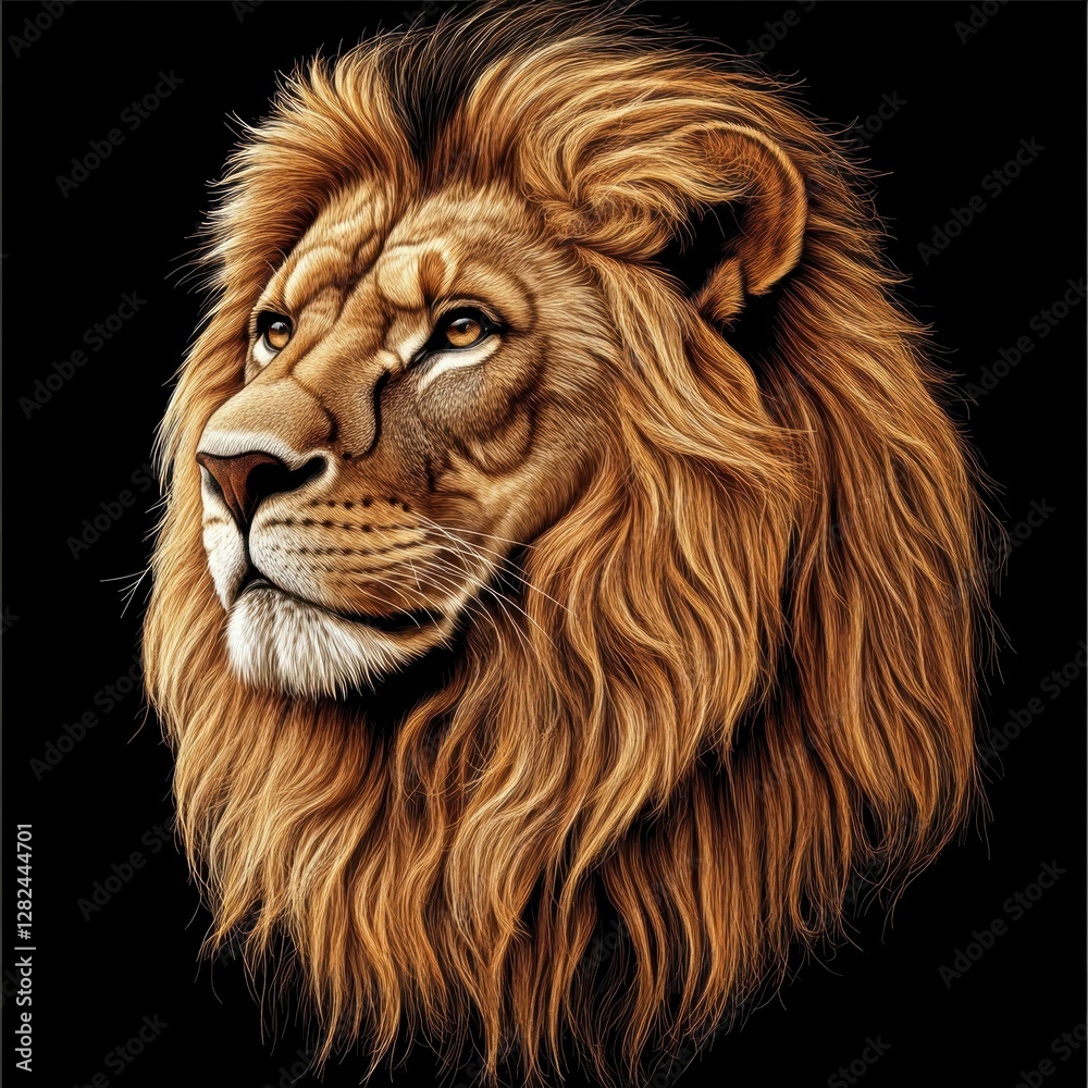 Fototapeta premium Ferocious Golden Mane Lion Portrait Captivating Stare on Black Backdrop Detailed Wildlife Art