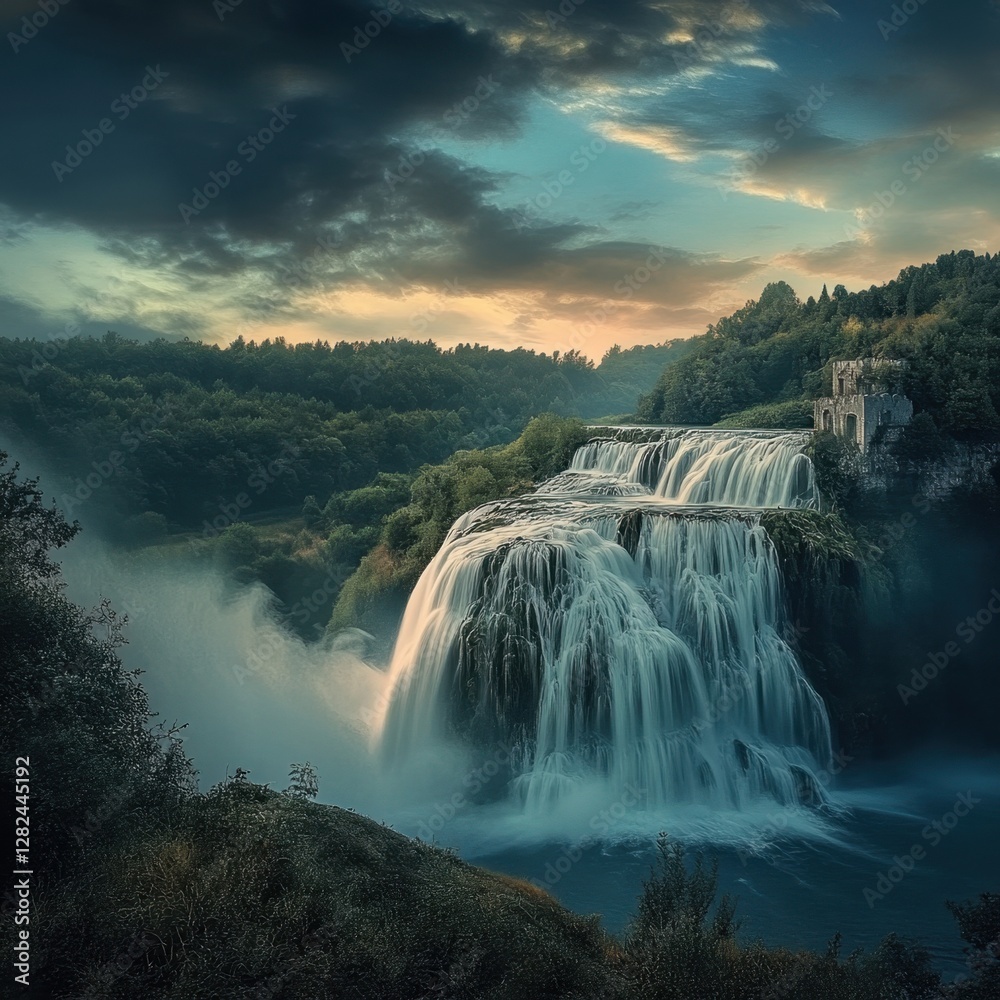 Fototapeta premium Picturesque waterfall cascading through lush green forest surrounded by trees and rocks