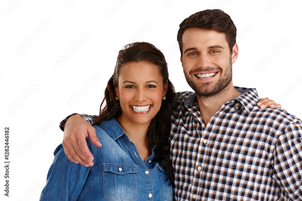 Hug, love and portrait of happy couple in studio together for bonding, safety or support. Romance, security and smile of man embracing woman for relationship or trust, isolated and white background Hug, love and portrait of happy couple in studio together for bonding, safety or support. Romance, security and smile of man embracing woman for relationship or trust, isolated and white background