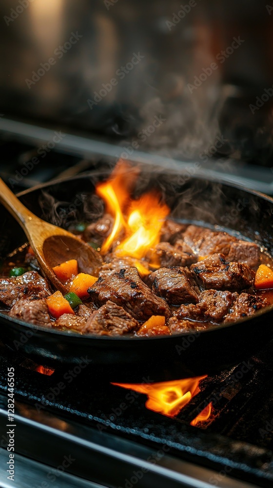 Beef stew cooking in a pan on the stove with a wooden spoon in a rustic kitchen Beef stew cooking in a pan on the stove with a wooden spoon in a rustic kitchen