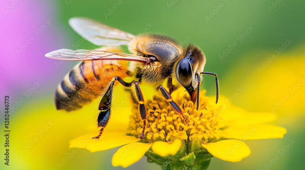 Close-up of Bee Pollinating Bright Yellow Flower in Nature Close-up of Bee Pollinating Bright Yellow Flower in Nature