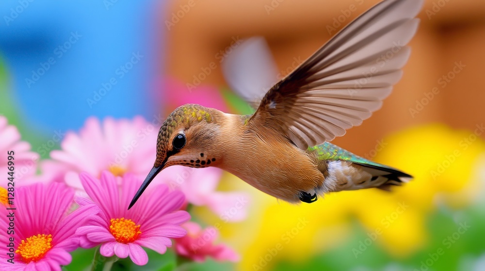 Naklejka premium Vibrant Hummingbird Hovering Over Colorful Flowers in Nature