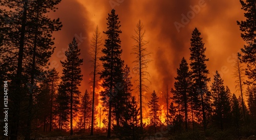 Fototapeta Naklejka Na Ścianę i Meble -  Intense forest fire engulfing trees with smoke and flames.
