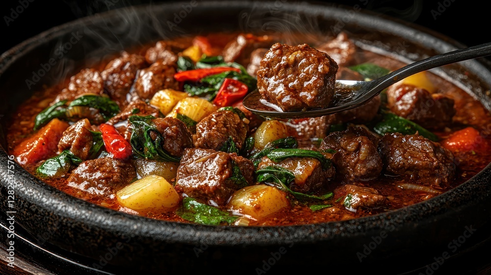Beef Stew with Potatoes, Peppers, & Spinach in Pot, Close-Up, Delicious Meal Shot Beef Stew with Potatoes, Peppers, & Spinach in Pot, Close-Up, Delicious Meal Shot