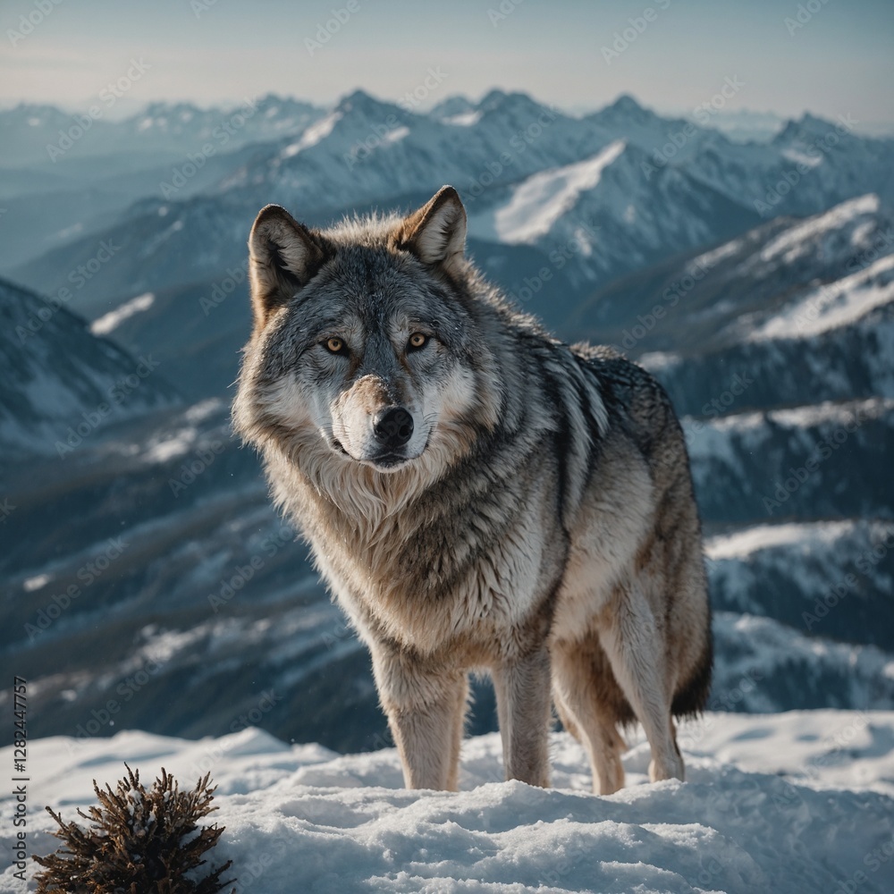 Fototapeta premium A majestic wolf with a shimmering silver coat standing on a snowy mountaintop.