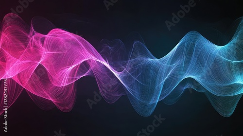 A digital abstract composition of gradient waves in bright pink and blue, radiating energy and motion.