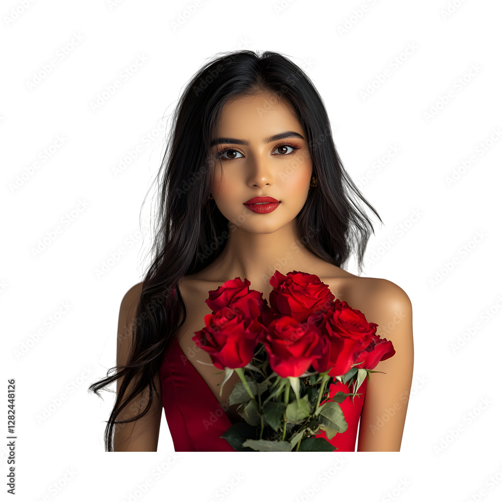 Young Woman in Red Dress Holding Red Roses Isolated on Transparent Background Young Woman in Red Dress Holding Red Roses Isolated on Transparent Background