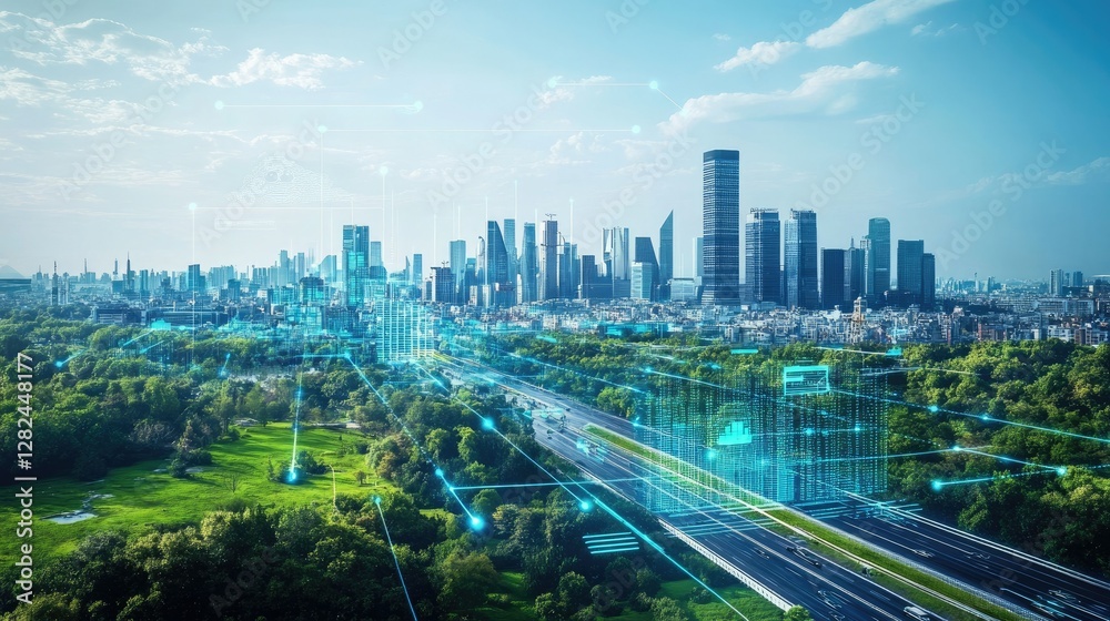 Fototapeta premium A digital rendering of a futuristic city powered by AI, renewable energy, and advanced cybersecurity protocols.