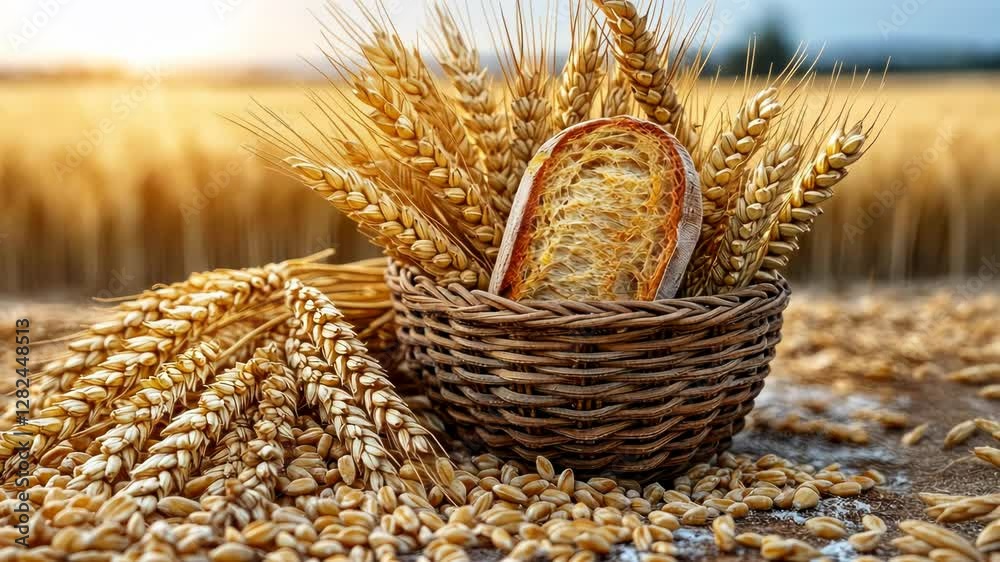 Golden wheat ears and a slice of bread in a wicker basket, scattered wheat grains on burlap.