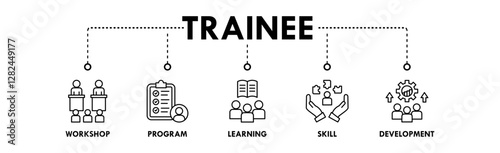 Trainee banner web icon illustration concept with icon of workshop, program, learning, skill, and development