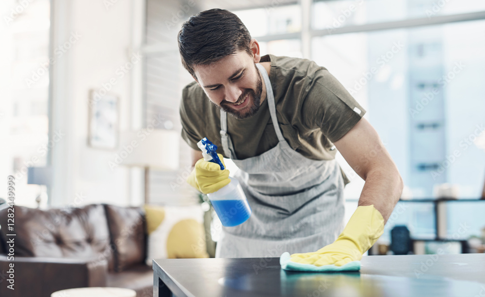 Home, table and man with detergent for cleaning, hygiene, disinfection for housework with smile. Apartment, male person and gloves for safety, surface bacteria and chores with liquid spray for fabric Home, table and man with detergent for cleaning, hygiene, disinfection for housework with smile. Apartment, male person and gloves for safety, surface bacteria and chores with liquid spray for fabric