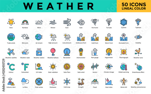 Weather icons set with stars, rainbow, wind, breeze, gust, gale, hurricane, tornado, cyclone, typhoon icon. Simple lineal color vector 
