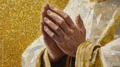 A dramatic close-up of a saintly figure's hands in prayer, meticulously detailed in Byzantine mosaic artistry