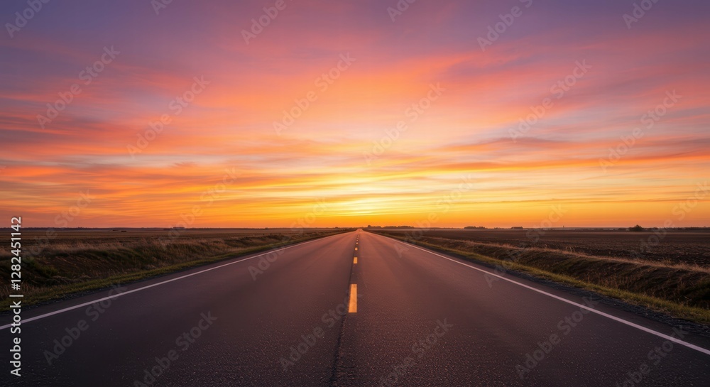 Fototapeta premium Vibrant sunset over an empty road creating tranquil atmosphere.