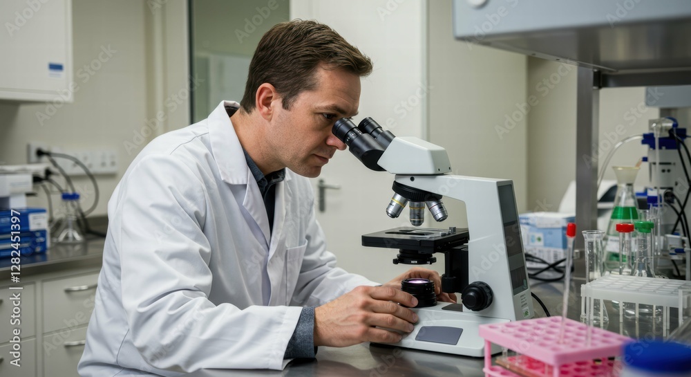 Scientist examining samples under microscope in laboratory setting. Scientist examining samples under microscope in laboratory setting.