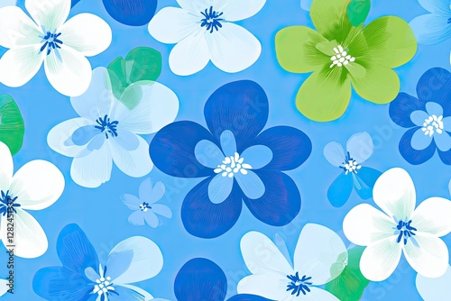 Floral pattern, blue background, abstract flowers, digital art photo