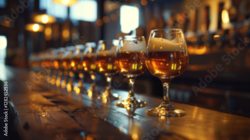 Craft beer glasses on a bar counter in front of a beautiful brewery with a blurred background.