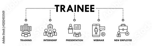 Trainee banner web icon illustration concept with icon of training, internship, presentation, webinar, and new employee