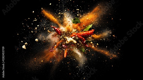 Fototapeta Naklejka Na Ścianę i Meble -  Explosive burst of colorful spices and peppers on black background